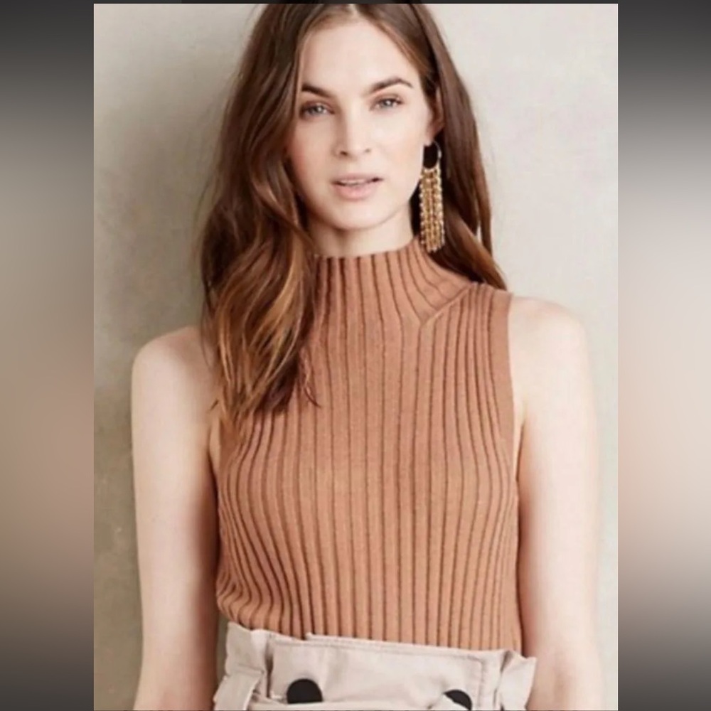 Anthropologie MOTH NWT  Ribknit Turtleneck Camel Sweater Tank Top Woman’s Large